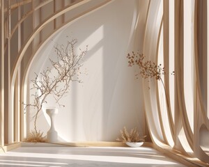 Interior design with tree twig vase, wood flooring, and window curtain