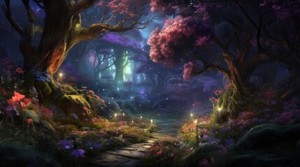 Enchanted forest pathway with mystical lights and blooming trees. Fantasy world.