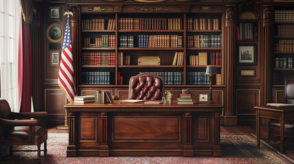 Classic Presidential Office, Rich Wood Paneling and American Flag
