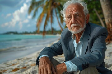 Fototapeta na wymiar Elderly man in reflective mood gazes sadly at sea, palm trees sway gently