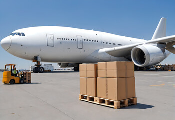 Loading cargo on plane in airport. Delivery by air