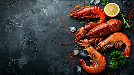 Deurstickers A delectable assortment of crustaceans awaits for dinner, featuring succulent lobster, crab, and jumbo shrimp, all elegantly presented on a dark background. © Bahram