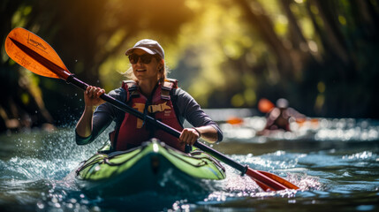 Woman kayaking on a serene river surrounded by trees. Outdoor adventure sports concept for travel