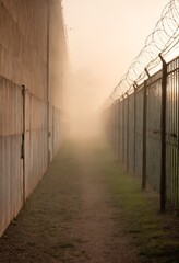 High security fence with barbed wire on border