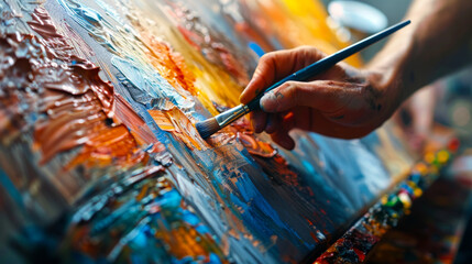 Close-up of artist's hand painting on canvas. Creativity and art concept. - obrazy, fototapety, plakaty