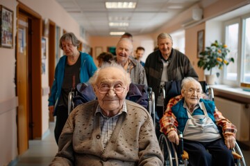 Cheerful seniors connecting with peers in assisted living setting - obrazy, fototapety, plakaty