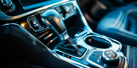 Automatic gear stick of a modern car. Modern car interior details. Close up view. Car detailing. Automatic transmission lever shift