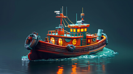 a boat is shown in a 3d preview no 1, in the style of dark cyan and blue, he jiaying, transportcore, high-angle. Generative Ai - obrazy, fototapety, plakaty