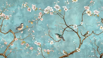 Chinoiserie wallpaper landscape wall mural. Home and office decoration. Birds, trees and flowers. Hand Drawn Design. Luxury turquoise color.
