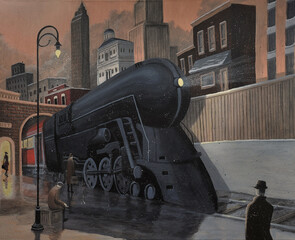 Vintage scene of an Art Deco locomotive pulling in to an urban train station on a winter night.