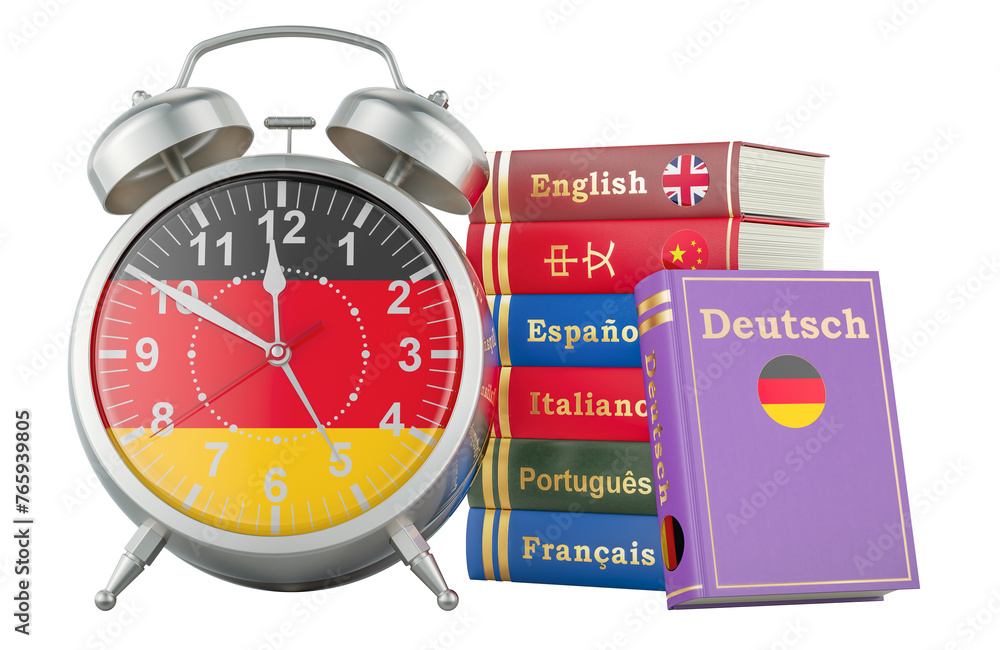 Poster german course, lessons concept. books with alarm clock. time to learn german language, 3d rendering 