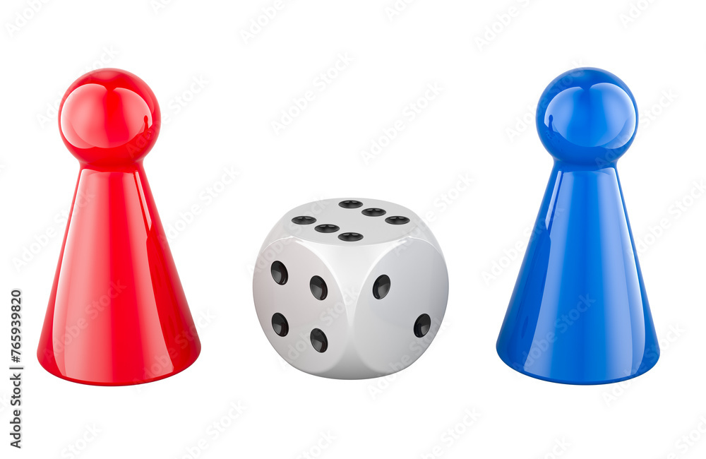 Aufkleber red and blue board game pieces with dice, 3d rendering isolated on transparent background