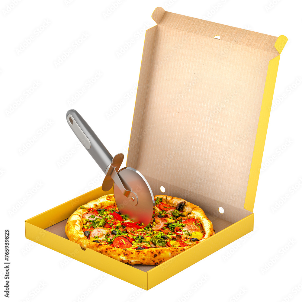 Poster opened pizza box with pizza and pizza cutter, 3d rendering isolated on transparent background
