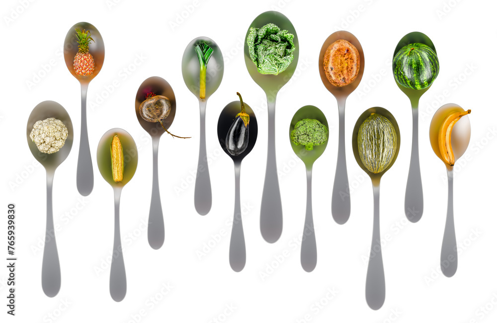 Poster spoons with different vegetables and fruits, 3d rendering isolated on transparent background