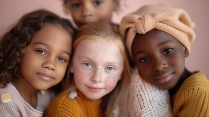 Obraz premium Cheerful children of different ethnicities in diversity photo shoot on soft color background.