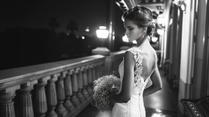 A young bride is wearing a beautiful slim wedding dress.