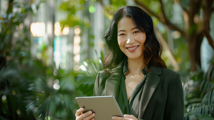 Fototapeta premium Beautiful modern woman smiling at camera and using a tablet in her hands.