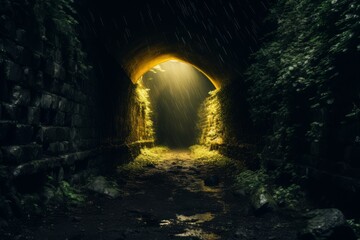 Light at the end of the tunnel during rainy day at night