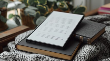 Obraz premium Cozy reading nook with e-reader and traditional books wrapped in comfort