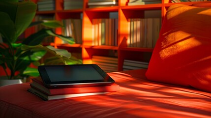 The intersection of technology and literature displayed through an e-reader on a colorful surface. Modern reading nooks with digital libraries at home