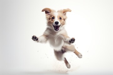 Playful dog jumping, smiling and having fun on white background