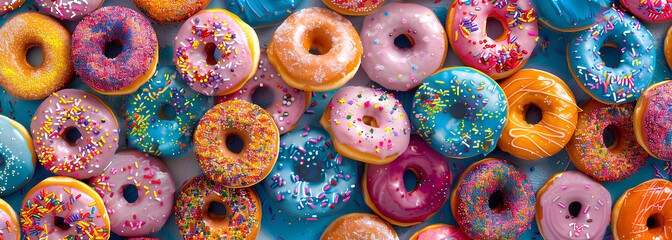 Many sweet donuts with colorful glaze cream