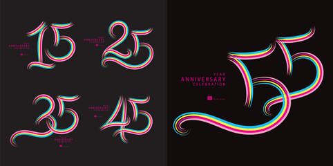 Set of 15 to 55 years Anniversary logotype design, 15, 25, 35, 45, 55 number design, anniversary template, anniversary vector design elements for invitation card, poster, flyer, colorful line vector