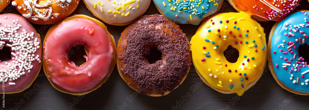 Poster many sweet donuts with colorful glaze cream