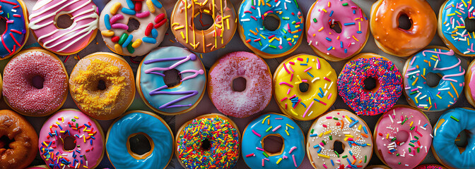 Fototapeta na wymiar Many sweet donuts with colorful glaze cream