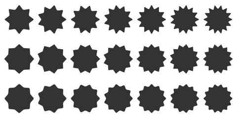 Collection of starbust badge label for sale promotion. Black silhouette sticker set.