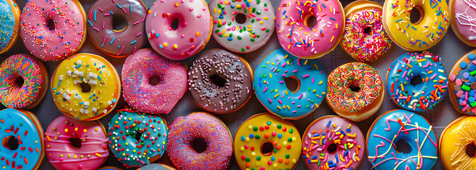 Many sweet donuts with colorful glaze cream - obrazy, fototapety, plakaty