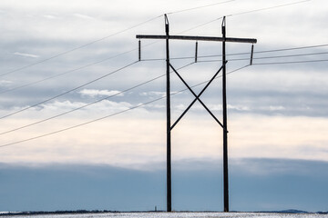 Isolated wooden power pole with long cables carrying electricity during evening light overlooking winter prairies under a cold coloured sky in Alberta Canada.