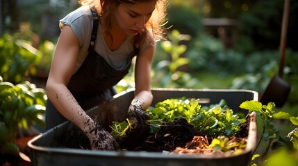 Beautiful woman taking care of urban vegetables garden - obrazy, fototapety, plakaty