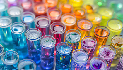 Many test tubes with colorful chemical liquids