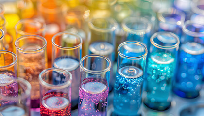 Many test tubes with colorful chemical liquids