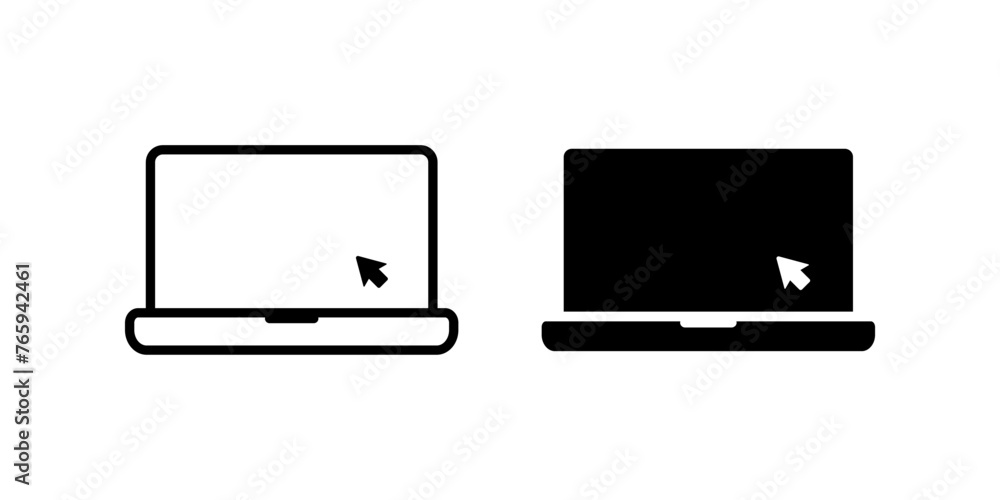 Poster laptop with pointer or cursor icon isolated. notebook screen template. display with clicking mouse o