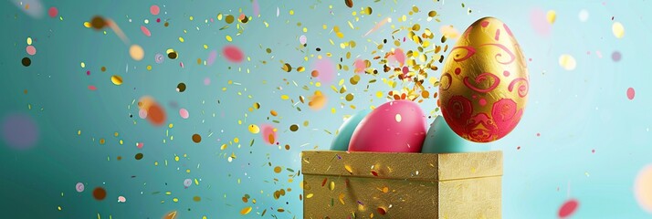 Easter eggs in gift box with confetti. 3d rendering