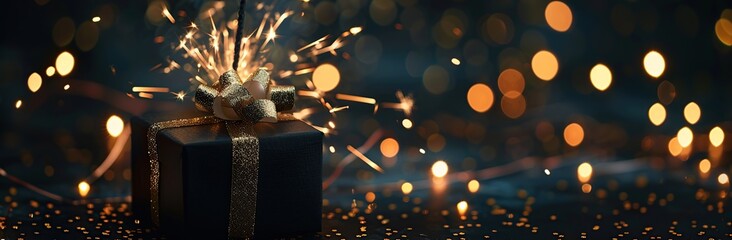 Gift box with sparklers on bokeh background. Christmas and New Year concept - obrazy, fototapety, plakaty