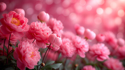 Beautiful pink peony flowers with bokeh light background.