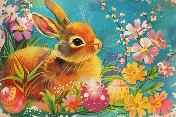 Little cute rabbit in spring field with colorful flowers and Easter eggs. Funny bunny. Vintage old illustration. Retro greeting card, banner, poster