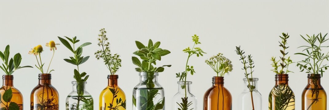 Herbs and spices in glass bottles on white background. Alternative medicine concept