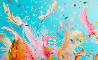 Feathers and Confetti: A Burst of Color against Blue Canvas