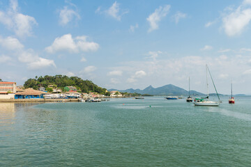 Sao Francisco de Sul, Brazil - August 22th 2023: Babitonga bay and a view of the historic center of Sao Francisco do Sul, oldest city of Santa Catarina