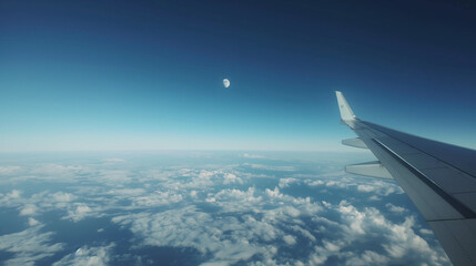 Fototapeta premium Aerial Perspective: View from Airplane Window Revealing Majestic Clouds, the Illuminated Moon, and the Silhouette of the Airplane Wing, Evoking a Sense of Wonder and Adventure.