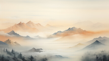 Fototapeta na wymiar Digital watercolor illustration depicts mist-shrouded mountains rising above a dense forest.