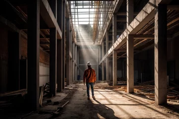 Foto op Plexiglas Rear view of a female engineer standing in an abandoned factory. © LAYHONG