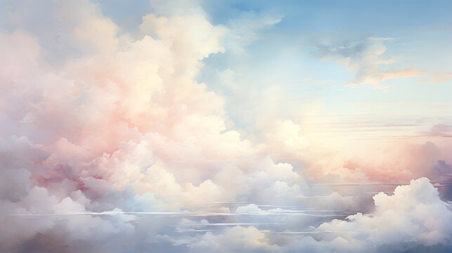 In the watercolor illustration, fluffy white clouds fill the blue sky.
