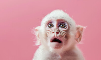 A baby monkey with its eyes closed and a pink background. The monkey is looking at the camera. Portrait of a white cute baby monkey with surprised expression on a pink background