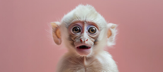 Fototapeta premium A baby monkey with its eyes closed and a pink background. The monkey is looking at the camera. Portrait of a white cute baby monkey with surprised expression on a pink background