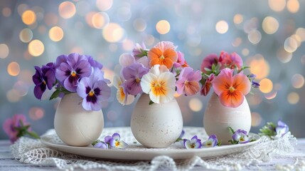 Eggshell vases with spring flowers on a lacy runner, warm bokeh lights background.